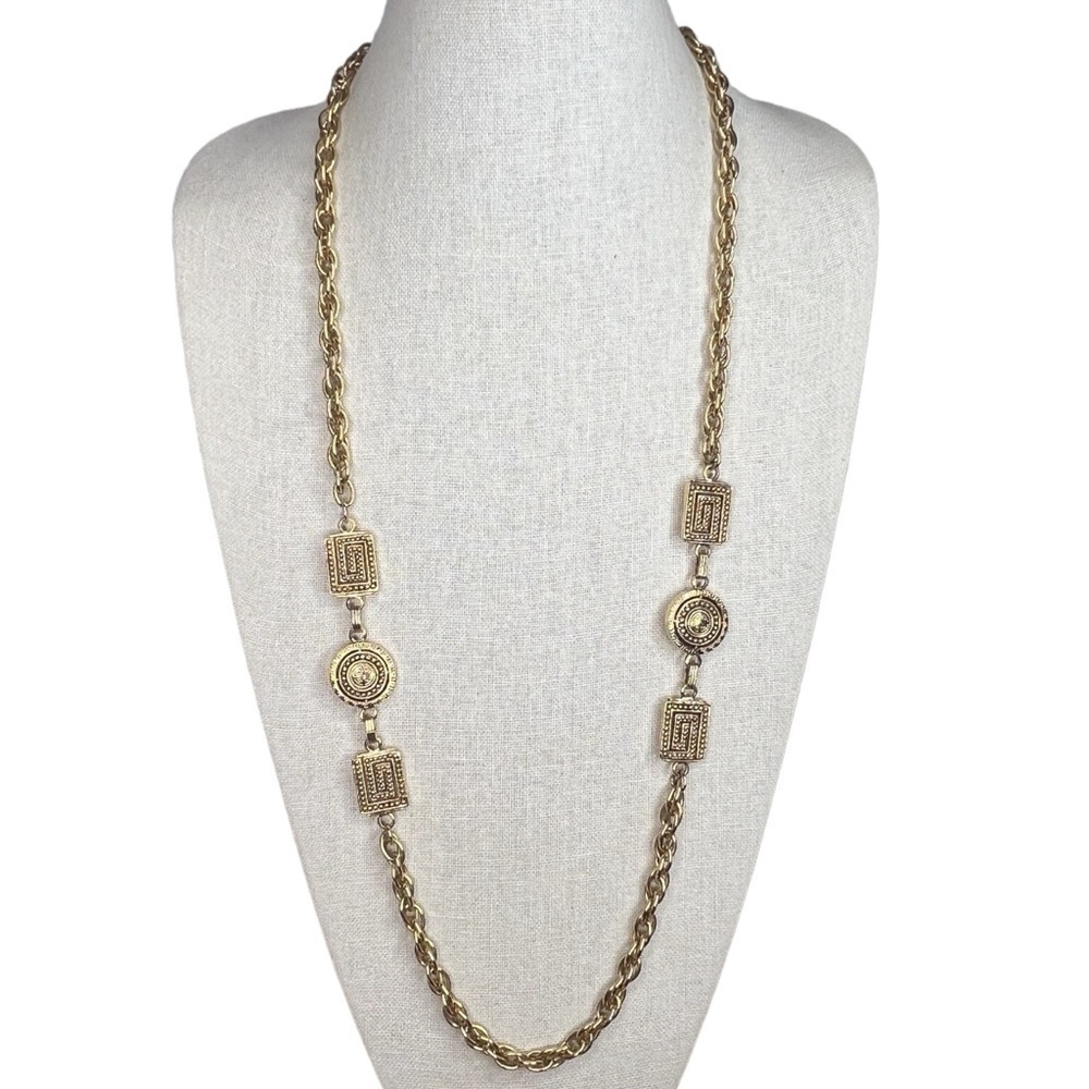 Heavy Greek Key Rhinestone and Gold Double Link Chain Statement Necklace